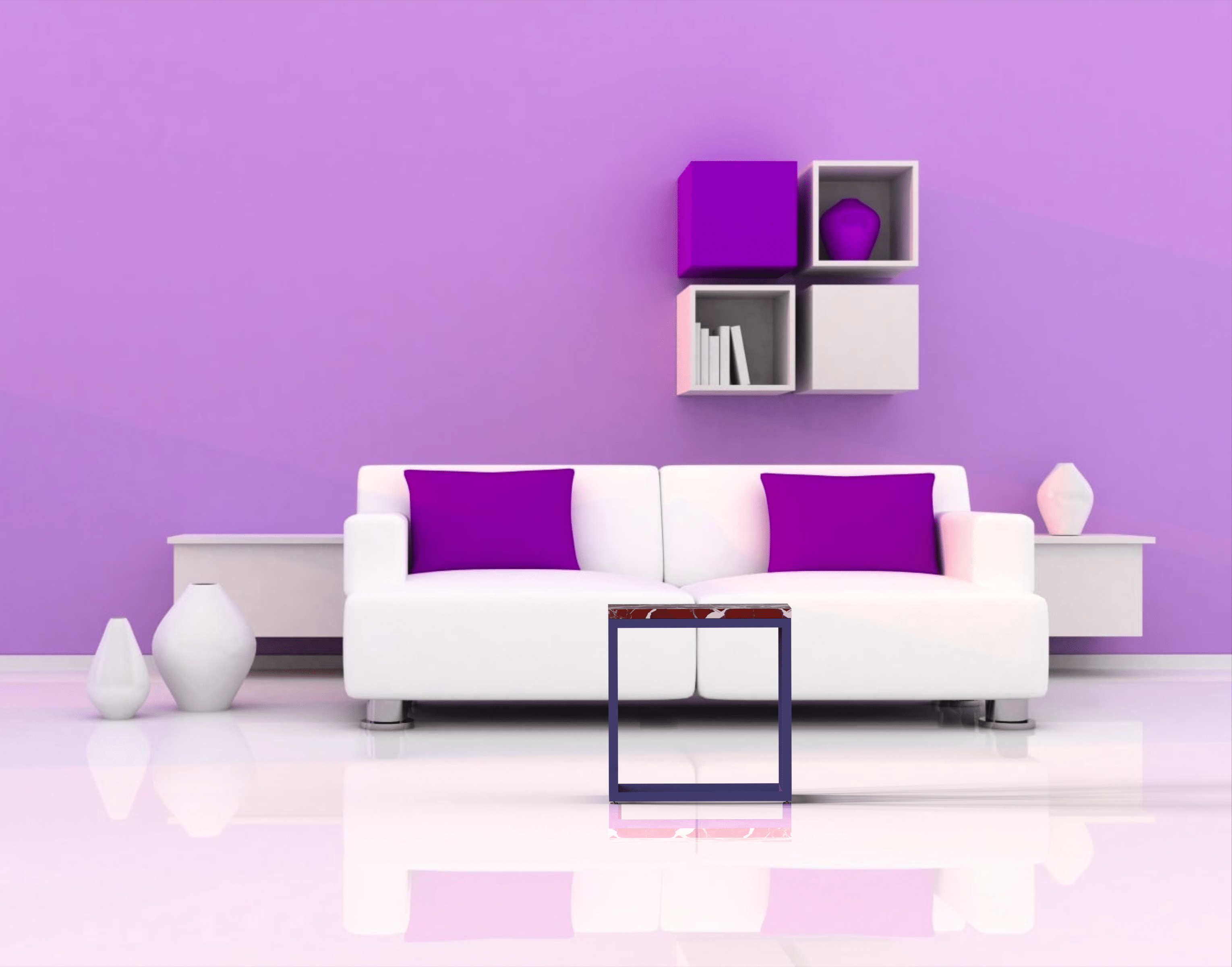 Salon moderne avec canapé blanc et coussins violets