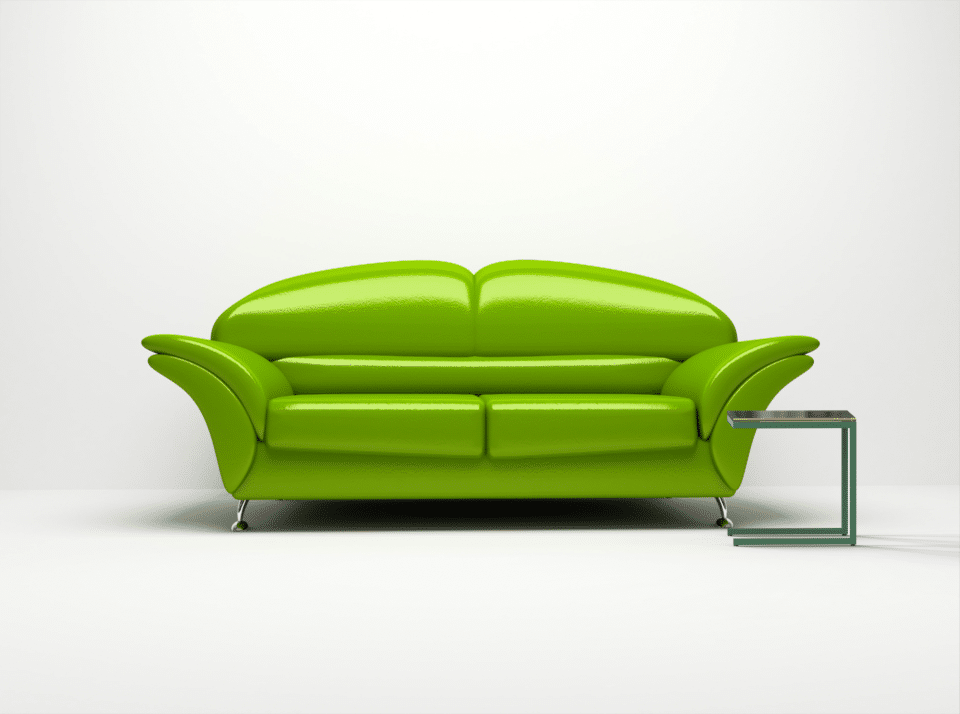 Canapé vert moderne sur fond blanc minimaliste.