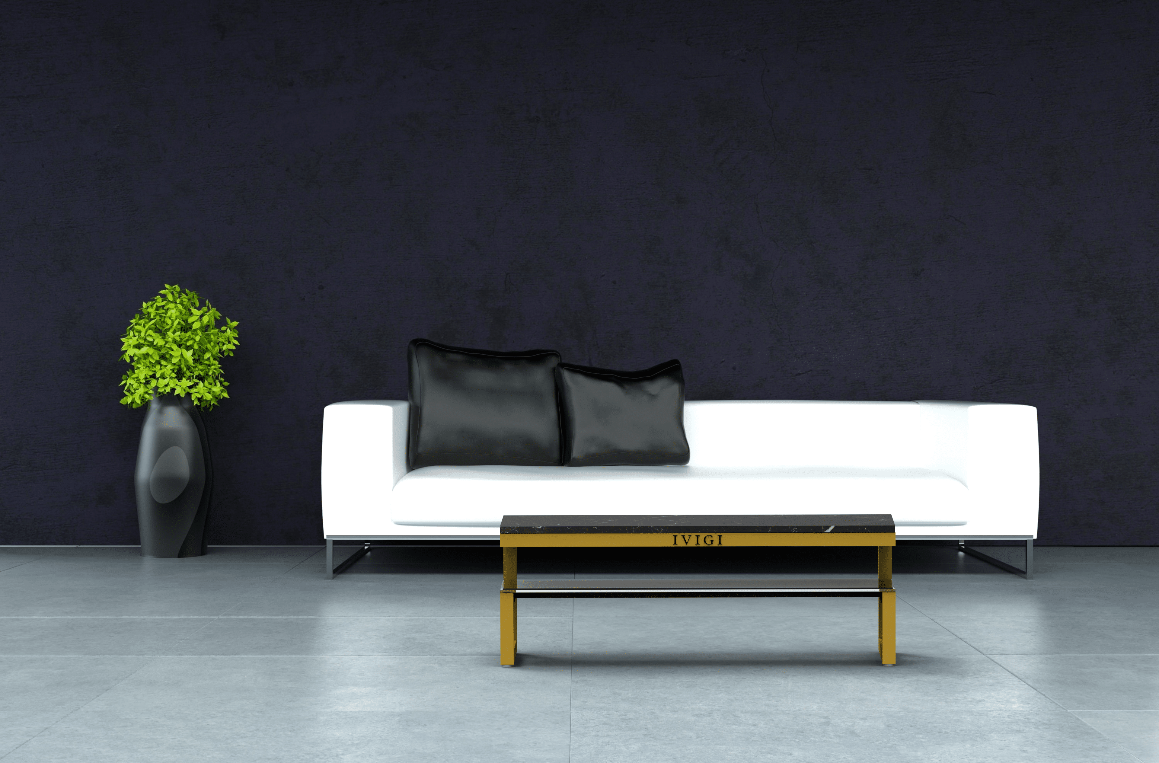 Salon moderne avec canapé blanc et plante.