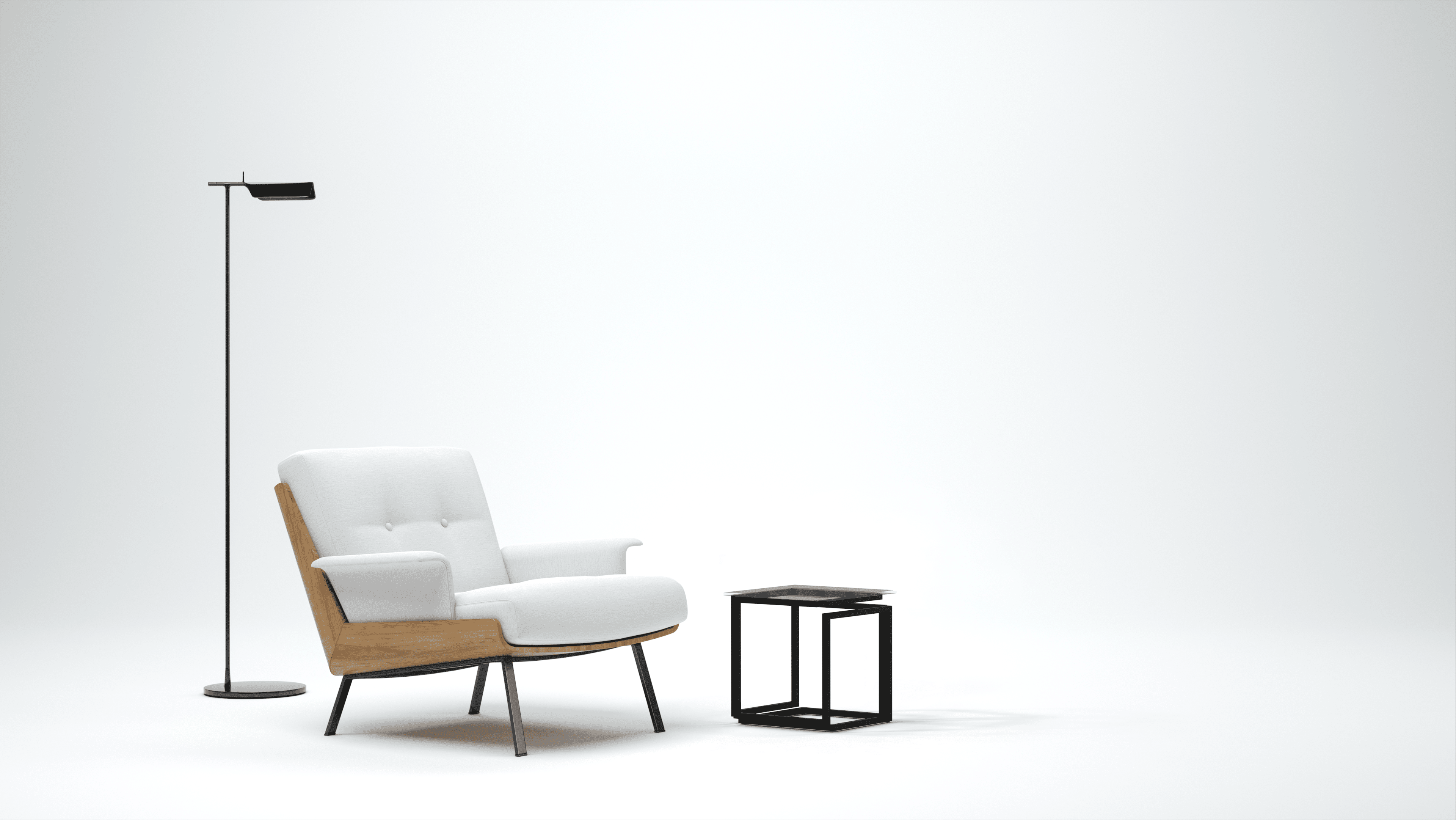 Fauteuil blanc, lampe et table design minimaliste.