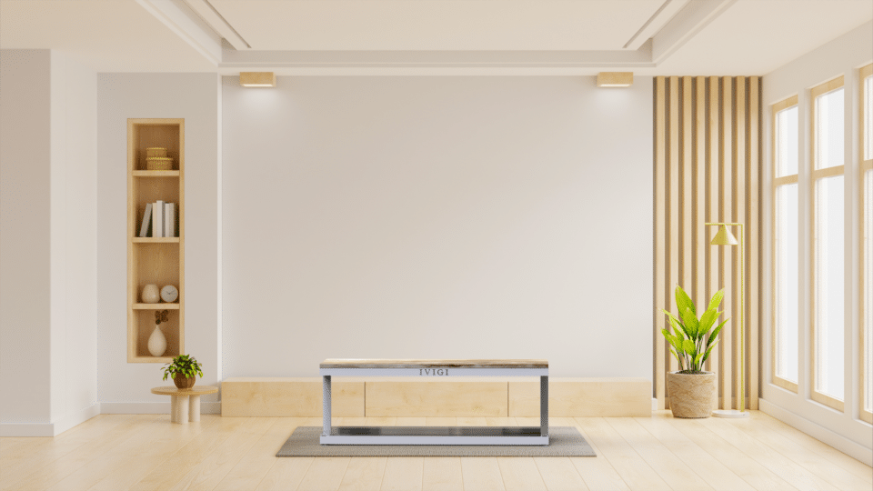 Salon minimaliste avec banc et plante verte.
