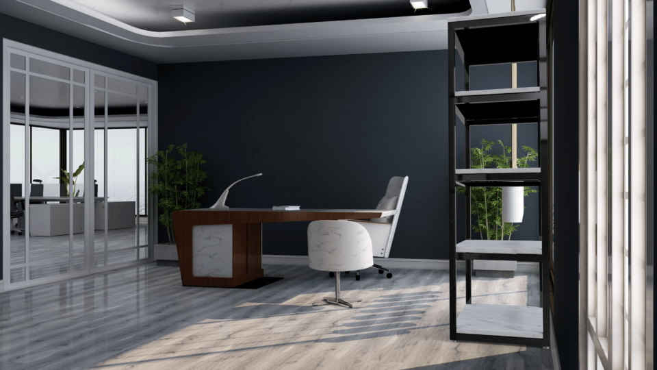 Bureau moderne avec plantes et mobilier design.
