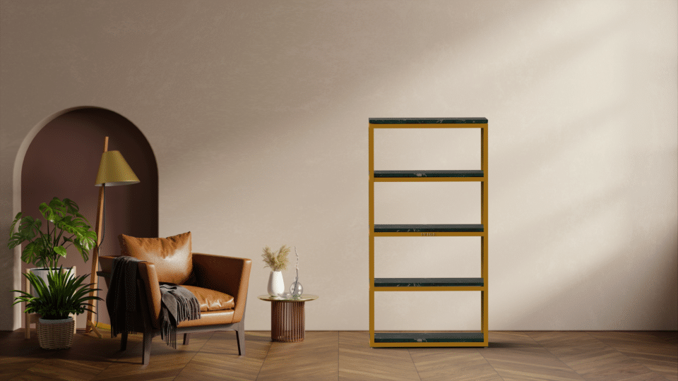 Salon minimaliste avec étagère et fauteuil en cuir.