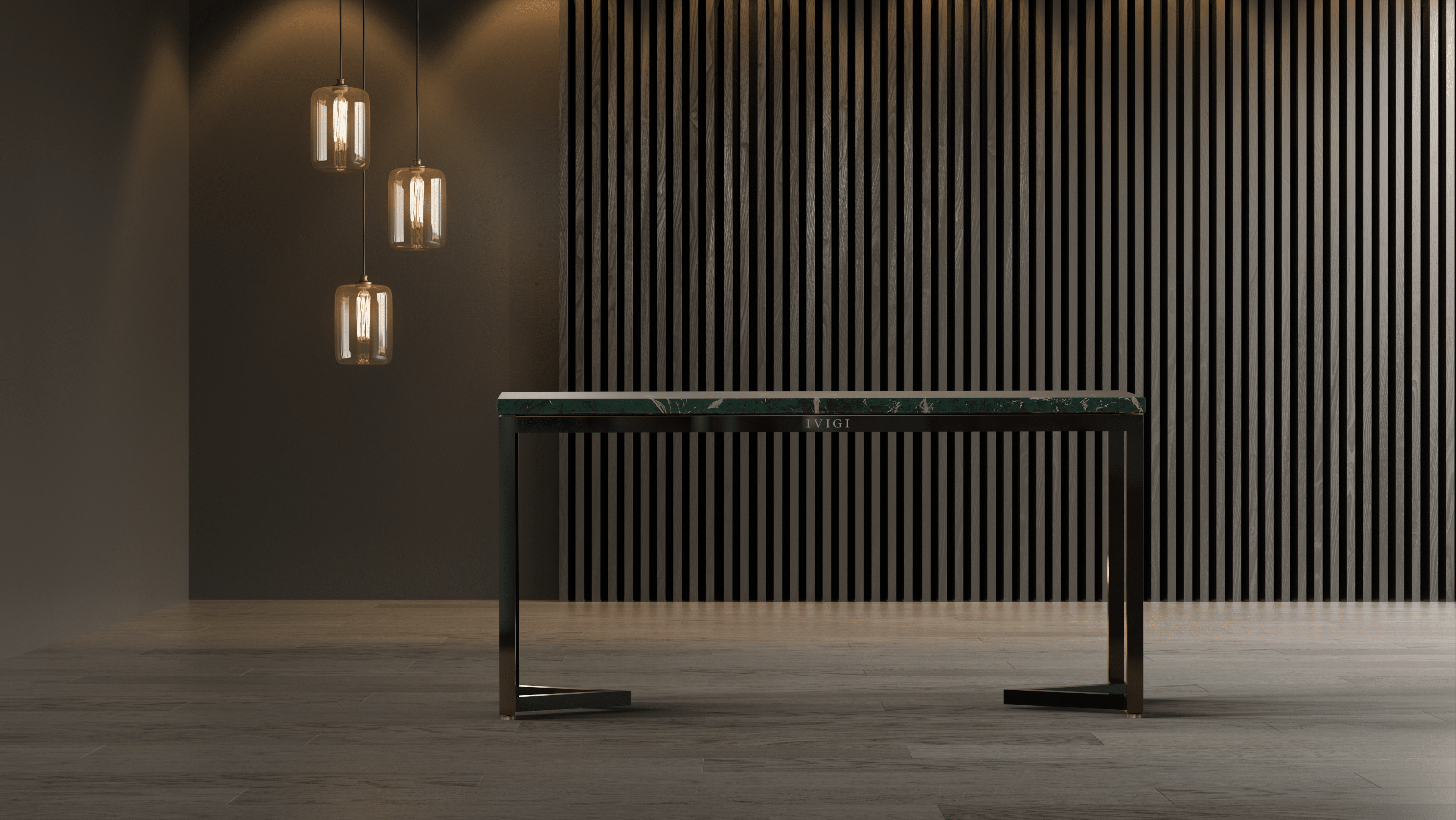 Console moderne avec lampes suspendues, décor minimaliste.