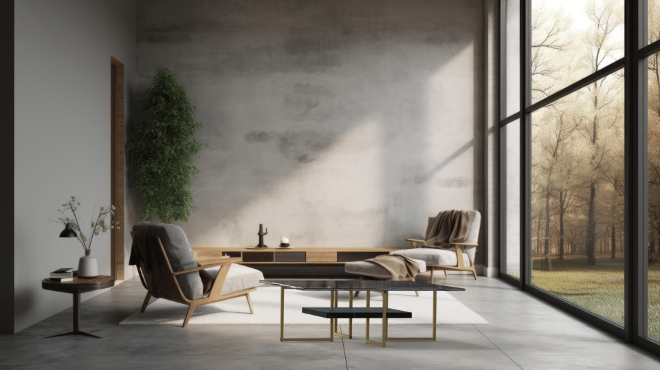Salon moderne avec grandes fenêtres et nature extérieure.
