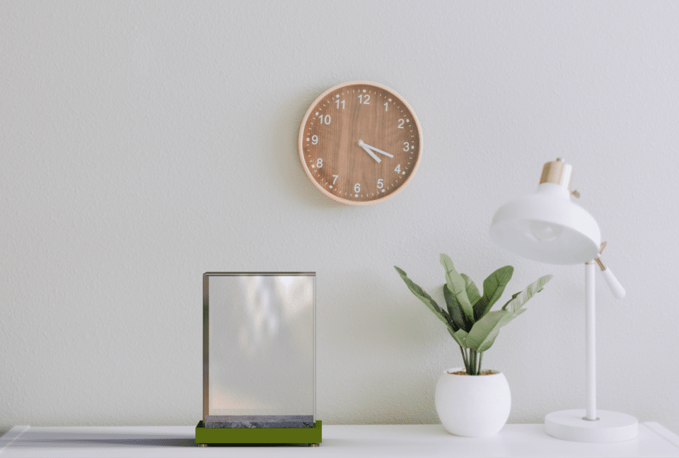 Tableau, horloge murale, plante et lampe blanche.